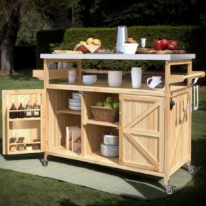Here is the generated SEO meta description:

"Upgrade your outdoor entertaining space with this patio grill cart featuring natural wood construction, stainless steel top, and ample storage for utensils, spices, and towels. Perfect for food prep and gatherings."