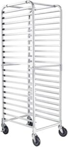 Here is the optimized meta description:

"Store and display 20 tiers of baked goods with this durable aluminum pan rack featuring casters for easy mobility, perfect for home or commercial kitchens."