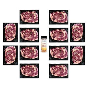Savor the flavor of premium beef with Nebraska Star Beef's All-Natural Steaks, featuring tender 14oz Ribeye steaks in a 10-pack with signature seasoning.