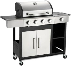 Here is the generated SEO meta description:

"Sear up a backyard BBQ with our 4-Burner Propane Gas Grill featuring a side burner and cabinet. 49,000 BTU stainless steel cooking power and porcelain-enameled cast iron grates for perfect results. Perfect for outdoor cooking and patio gatherings."
