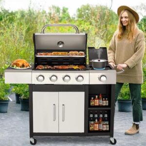 Here is the generated SEO meta description:

"Sear up a backyard BBQ with our 4-Burner Propane Gas Grill featuring a side burner and cabinet. 49,000 BTU stainless steel cooking power and porcelain-enameled cast iron grates for perfect results. Perfect for outdoor cooking and patio gatherings."