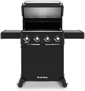 Boost your grilling game with the Broil King Crown 410, a natural gas grill that combines power and style. Perfect for backyard BBQs, it features a durable black finish and robust performance.