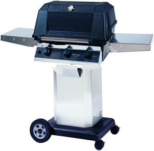"Upgrade your outdoor cooking experience with MHP WHRG4DD Hybrid Propane Gas Grill, featuring SearMagic grids on a stainless steel cart. Perfect for BBQ enthusiasts and family gatherings."