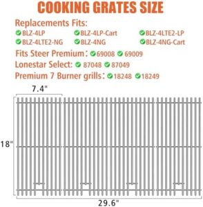 Upgrade your grill game with SafBbcue Cooking Grid Grates Replacement Parts for Blaze Premium LTE, Prelude LBM 40-Inch, Bull Grill, RCS, and Cal Flame Grills. Perfect fit for 5-burner grills, dimensions 18" x 7-3/8", 4-pack, ideal for BBQ enthusiasts.