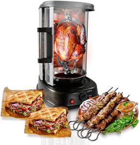 Here is the generated meta description:

"Effortlessly cook shawarma, kebabs and more with NutriChef's Countertop Vertical Rotating Oven - a space-saving, energy-efficient solution for any kitchen. Includes 7 skewers and stain-resistant door."