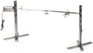 Discover the Ash & Ember 25W Tripod Rotisserie Roaster Stand, rated 125 LB, with adjustable height and stainless steel spit rod. Perfect for roasting pork, chicken, lamb, or goat, this electric BBQ grill stand is a must-have for any outdoor enthusiast!
