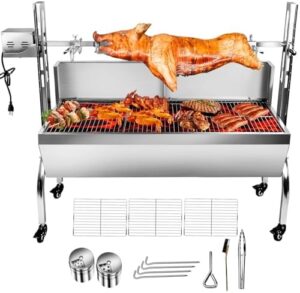 Delight your outdoor gatherings with the Stainless Steel Rotisserie Grill, featuring a powerful 25W motor and wind deflector. Perfect for small whole lambs or pigs, it also accommodates up to 80kg of BBQ charcoal for a fantastic outdoor kitchen experience.