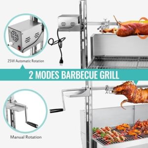 Delight your outdoor gatherings with the Stainless Steel Rotisserie Grill, featuring a powerful 25W motor and wind deflector. Perfect for small whole lambs or pigs, it also accommodates up to 80kg of BBQ charcoal for a fantastic outdoor kitchen experience.
