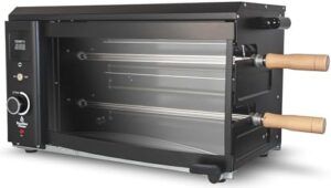 Here is the meta description:

"Indulge in effortless rotisserie grilling with our Brazilian Flame Roaster featuring 2 auto-rotating skewers perfect for chicken, steak, fish, and BBQ. Compact design ideal for apartment use."