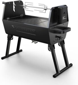 Discover the ultimate outdoor grilling experience with this Brand-Man Portable Charcoal Grill with Motor. 2-in-1 BBQ & Spit Roaster, foldable and adjustable height for effortless cooking.