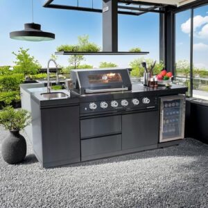 Here is the generated SEO meta description:

"Upgrade your outdoor gatherings with this deluxe stainless steel gas grill island featuring 4 burners, rotisserie kit, and compact wine cooler. Perfect for entertaining, with granite countertops and stainless steel sink."