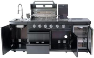 Here is the generated SEO meta description:

"Upgrade your outdoor gatherings with this deluxe stainless steel gas grill island featuring 4 burners, rotisserie kit, and compact wine cooler. Perfect for entertaining, with granite countertops and stainless steel sink."