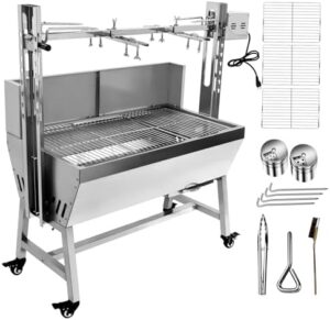 "Revolutionize your outdoor cooking with the Stainless Steel Rotisserie Grill featuring a 25W motor and 132 lb capacity, perfect for whole pig or lamb roasting. Enjoy charcoal-grilled meals with ease."