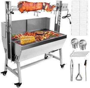 "Revolutionize your outdoor cooking with the Stainless Steel Rotisserie Grill featuring a 25W motor and 132 lb capacity, perfect for whole pig or lamb roasting. Enjoy charcoal-grilled meals with ease."
