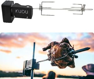 Here is the generated SEO meta description:

"Grill with ease using the KUDU Rotisserie Kit, a battery-powered square spit for charcoal grills. Compatible with 5/16 inch drive spits, this stainless steel kit ensures convenient and mess-free cooking."