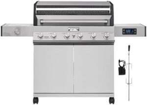 Experience the ultimate grilling experience with Monument Grills' 6-Burner Convertible Natural Gas Smart BBQ Grill Stainless Steel Denali 605, featuring a rotisserie kit for added versatility. Perfect for outdoor cooking enthusiasts seeking precision and convenience.
