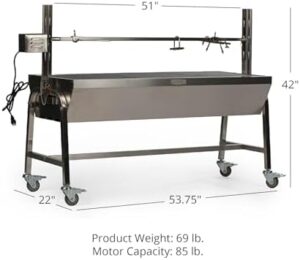 Experience the perfect rotisserie grill for medium game with TITAN GREAT OUTDOORS' Ash & Ember model. Boasts 85 LB capacity, 4 RPM rotation speed, and durable construction with stainless steel components. Perfect for outdoor cooking. Save on this top-rated grill today!