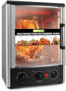 Perfect your holiday meals with the Nutrichef Vertical Countertop Oven, featuring rotisserie, baking, broiling, and kebab functions, plus adjustable settings for 2 shelves and 1500W power.