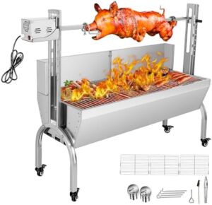 Discover the perfect camping companion: Rotisserie Grill Roaster with Back Cover Guard and 25W motor. Ideal for small pig or lamb roasting, this stainless steel charcoal rotisserie grill is a must-have for outdoor BBQs.
