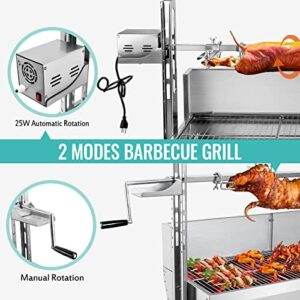 Discover the perfect camping companion: Rotisserie Grill Roaster with Back Cover Guard and 25W motor. Ideal for small pig or lamb roasting, this stainless steel charcoal rotisserie grill is a must-have for outdoor BBQs.