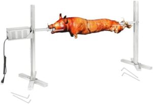 Here is the output meta description:

"Experience backyard BBQs like never before with this 150LB electric rotisserie grill kit featuring a stainless steel tripod stand, perfect for camping and outdoor gatherings.
