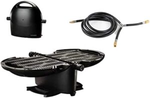 Here is your optimized meta description:

"Portable gas grill for outdoor adventures with a built-in RV hose, perfect for camping trips and picnics. Enjoy delicious meals anywhere!"