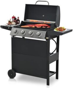 "Upgrade your outdoor cooking experience with this 4 Burner BBQ Gas Grill, featuring stainless steel grates, side shelves, and wheel casters for easy mobility. Perfect for kitchen and patio use."