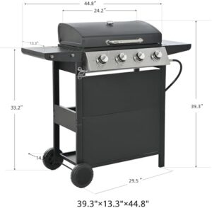 "Upgrade your outdoor cooking experience with this 4 Burner BBQ Gas Grill, featuring stainless steel grates, side shelves, and wheel casters for easy mobility. Perfect for kitchen and patio use."