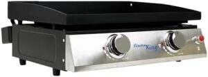 Here is the optimized meta description:

"Grill on-the-go with Flame King's portable propane griddle perfect for camping, tailgating, or outdoor BBQ. 22-inch double burner flat top for ample cooking space."