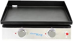 Here is the optimized meta description:

"Grill on-the-go with Flame King's portable propane griddle perfect for camping, tailgating, or outdoor BBQ. 22-inch double burner flat top for ample cooking space."