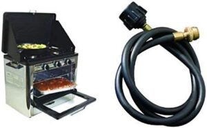 "Boost your camping adventures with the Camp Chef Outdoor Oven, featuring a 2-burner stove and Bulk Tank Hose Adapter for convenient use. Perfect for camping enthusiasts, this bundle includes all the essentials."