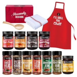 Discover the ultimate grilling master set with 5 bold BBQ sauces, 6 spices and seasonings, a kitchen towel, bamboo spoon, and apron. Perfect gift for any grill enthusiast!