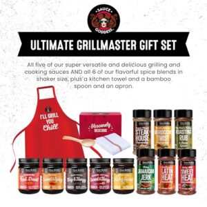 Discover the ultimate grilling master set with 5 bold BBQ sauces, 6 spices and seasonings, a kitchen towel, bamboo spoon, and apron. Perfect gift for any grill enthusiast!
