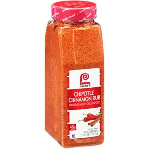 "Add smoky flavor to your meals with Lawry's Chipotle Cinnamon Rub, a 27 oz pack of six containers featuring chipotle chili pepper, cinnamon, and paprika. Perfect for burgers, pork, and chicken."