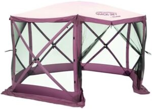 Transform your outdoor adventures with the CLAM Pop Up Screen Tent, a spacious gazebo canopy for camping and escape, featuring an 11.5' diameter and plum color. Perfect for any outdoor setting!