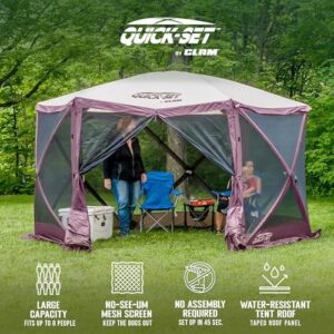 Transform your outdoor adventures with the CLAM Pop Up Screen Tent, a spacious gazebo canopy for camping and escape, featuring an 11.5' diameter and plum color. Perfect for any outdoor setting!