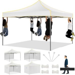 "Transform any outdoor space into a shaded haven with the COBIZI 10x10 Heavy Duty Pop-up Canopy. Waterproof and durable, this gazebo features 4 removable sidewalls for easy setup and takedown. Perfect for parties, campsites, or patios."