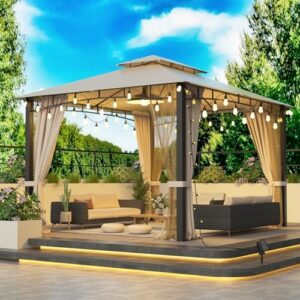 Enjoy your outdoor living space with the Patio Gazebo 10x12, featuring a heavy-duty metal frame, soft top canopy, and double roofs for maximum protection. Perfect for patio decks, backyards, or gardens, with privacy curtains and netting for cozy gatherings.