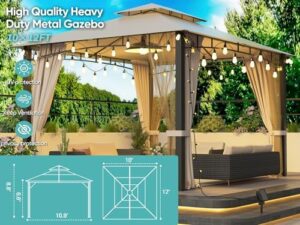 Enjoy your outdoor living space with the Patio Gazebo 10x12, featuring a heavy-duty metal frame, soft top canopy, and double roofs for maximum protection. Perfect for patio decks, backyards, or gardens, with privacy curtains and netting for cozy gatherings.
