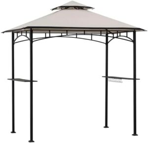 "Transform your outdoor space with the Sunjoy 5x8 ft Grill Gazebo featuring a double-tiered canopy roof and black steel frame. Perfect for patio, garden, or backyard activities, perfect size for gatherings."
