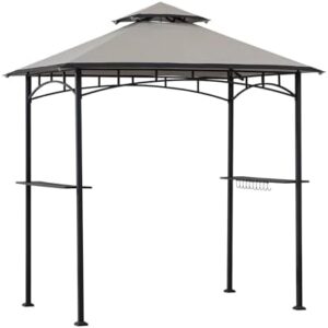 "Transform your outdoor space with the Sunjoy 5x8 ft Grill Gazebo featuring a double-tiered canopy roof and black steel frame. Perfect for patio, garden, or backyard activities, perfect size for gatherings."