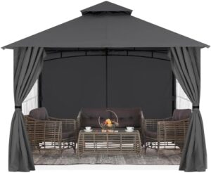 Elevate your outdoor gatherings with the MASTERCANOPY Patio Gazebo Steel Frame featuring windows and curtains. Perfect for 11x11 dark gray events, now at an unbeatable price!