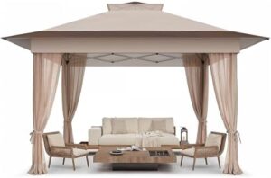 Enjoy outdoor gatherings with the Amada 13x13 Pop Up Gazebo, featuring a one-push setup, wheeled cover bag, and netting for patio or backyard use. Perfect for parties!
