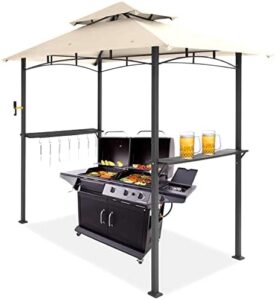 Enhance your outdoor cooking experience with the Meway 8x5 grill gazebo, a 2-tiered canopy tent featuring beige color and sturdy construction. Perfect for BBQ parties, this spacious design accommodates multiple grills and cooktops. Get ready to host unforgettable gatherings!
