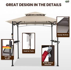 Enhance your outdoor cooking experience with the Meway 8x5 grill gazebo, a 2-tiered canopy tent featuring beige color and sturdy construction. Perfect for BBQ parties, this spacious design accommodates multiple grills and cooktops. Get ready to host unforgettable gatherings!