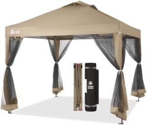 Here is the output meta description:

"Transform your outdoor space with this Crown Shades 10x10 Pop up Canopy Tent featuring mosquito netting, sturdy ropes and stakes. Perfect for patio or yard events, ideal for families and friends."