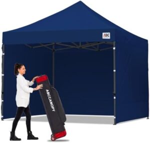 Enhance your outdoor gatherings with the ABCCANOPY 10x10 pop-up canopy tent, featuring navy blue sidewalls and heavy-duty construction for a sturdy setup.