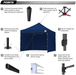 Enhance your outdoor gatherings with the ABCCANOPY 10x10 pop-up canopy tent, featuring navy blue sidewalls and heavy-duty construction for a sturdy setup.