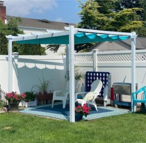 Here is the output:

"Create a shaded outdoor oasis with the Purple Leaf 10' X 10' retractable pergola, featuring a sun shade canopy and durable metal shelter perfect for garden, porch, yard, BBQ, beach, or gazebo use."