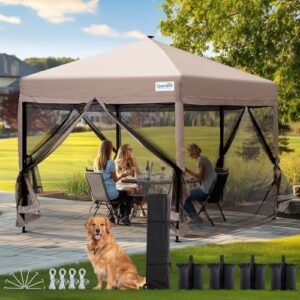 "Stay protected from the elements with this pop-up screened canopy tent featuring mosquito netting and a portable design for easy setup at home or on-the-go, perfect for patio gatherings, camping trips, and picnics."